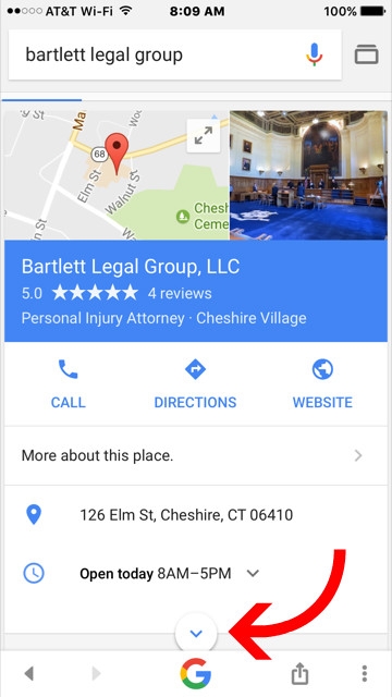 Screenshot showing how to leave a Google review for Bartlett Legal Group on a mobile device
