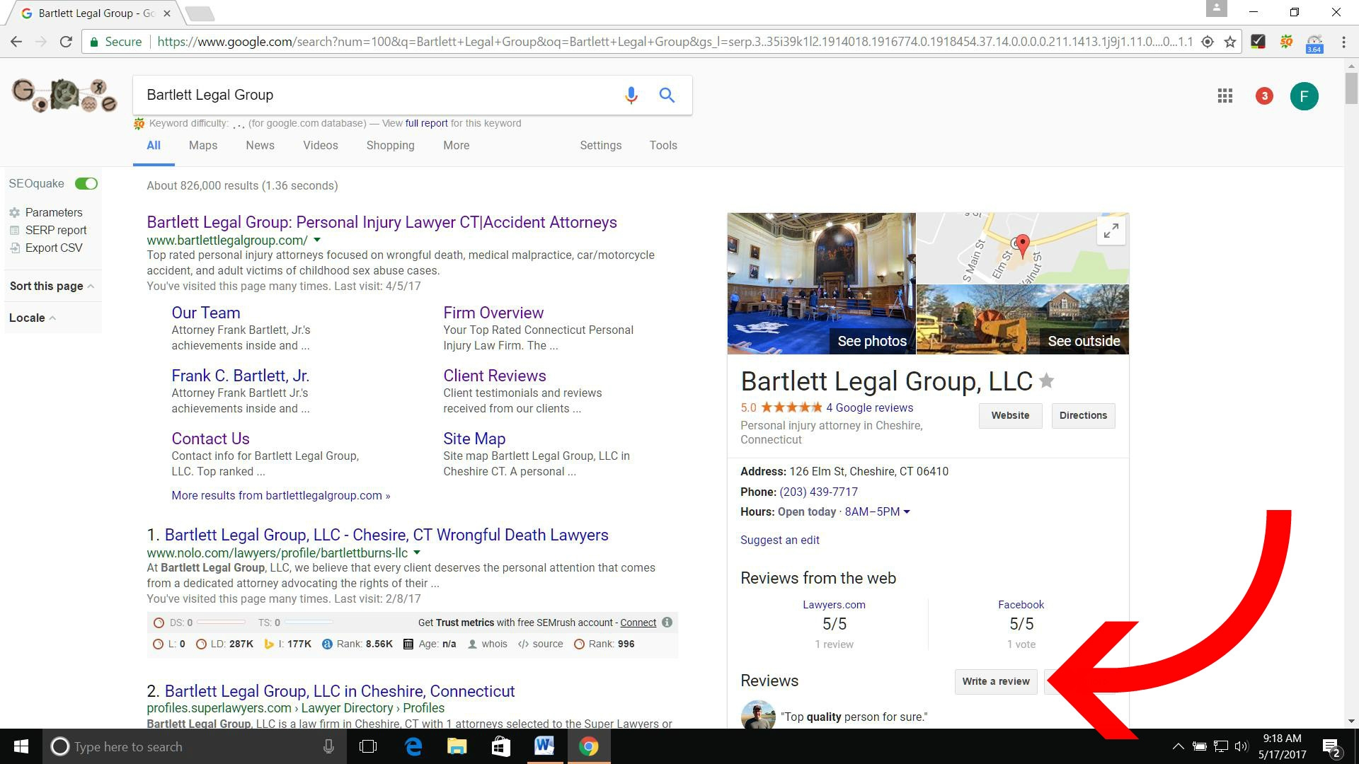 Screenshot showing how to leave a review for Bartlett Legal Group on Google