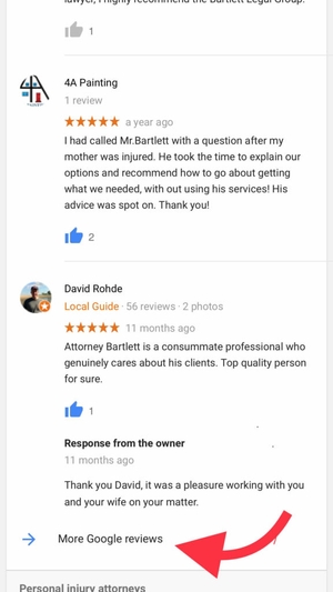 Screenshot showing how to view more Google Reviews